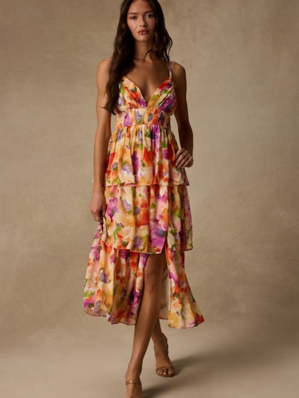 Lulus Olesia Yellow Abstract Floral Print Tiered Midi Dress - Size S